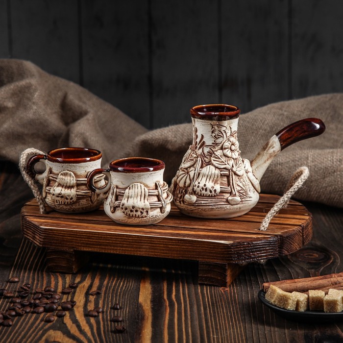 Кофейный набор "Лепка" 3 предмета: турка + 2 чашки малый 0,25 л/0,1 л