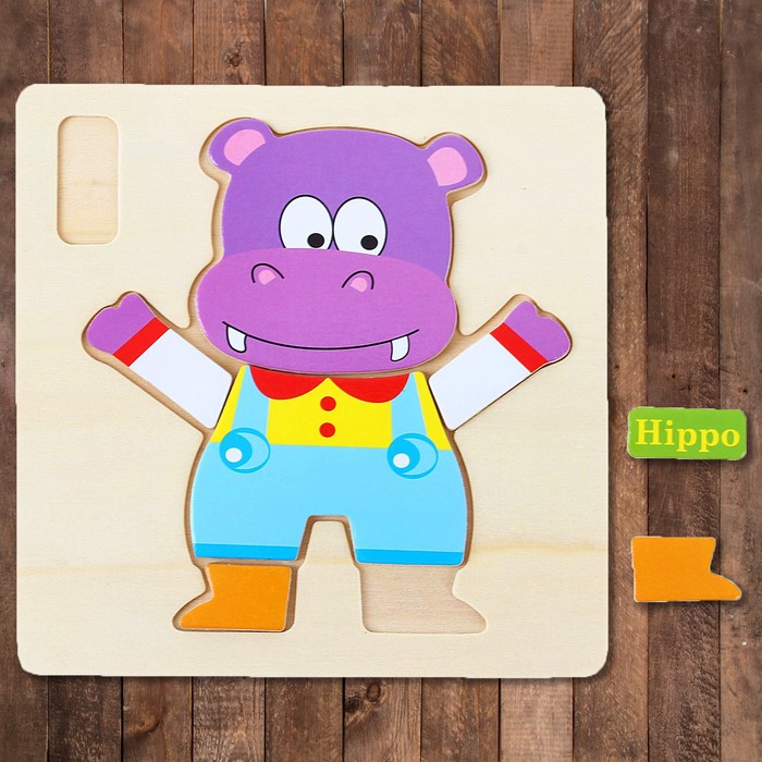 Рамка - вкладыш на деревянном основании "Бегемотик", 6 элементов